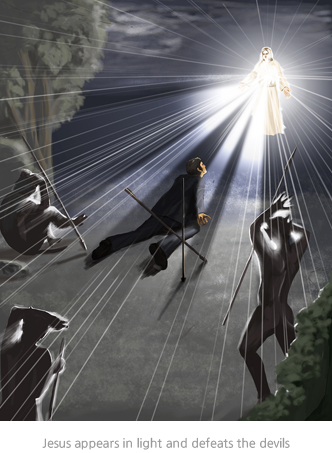 Jesus appears in light and defeats the devils