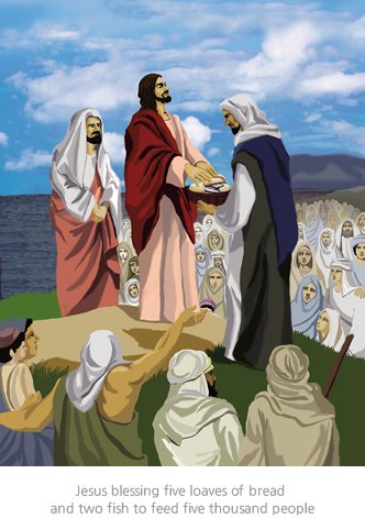 Jesus blessing five loaves of bread and two fish to feed five thousand people