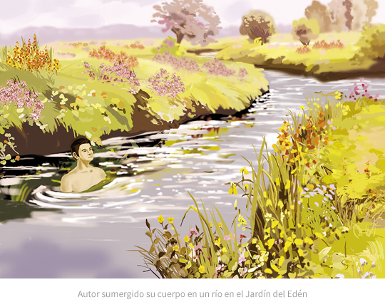 Autor sumergido su cuerpo en un río en el Jardín del Edén