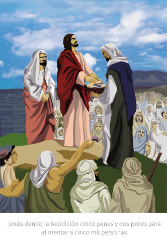Jesús dando la bendición cinco panes y dos peces para alimentar a cinco mil personas