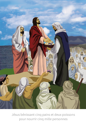 Jésus bénissant cinq pains et deux poissons pour nourrir cinq mille personnes